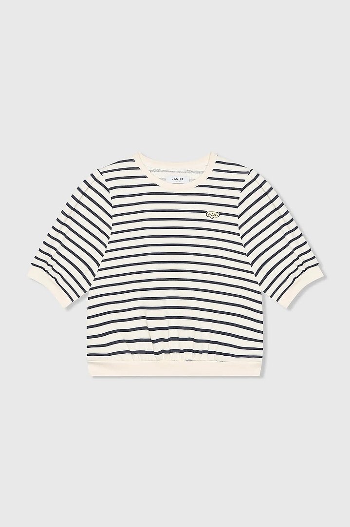 Gestreepte Blauw Wit Dames Sweater Pof Mouw Katoen Corey Janice 00