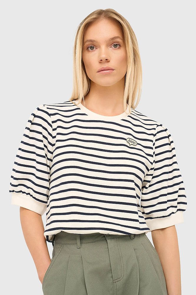 Gestreepte Blauw Wit Dames Sweater Pof Mouw Katoen Corey Janice 03