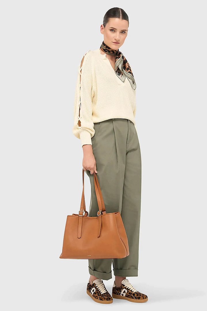 Katoenen Dames Trui Veters Mouwen Open Schouders Grove off White Janice 01