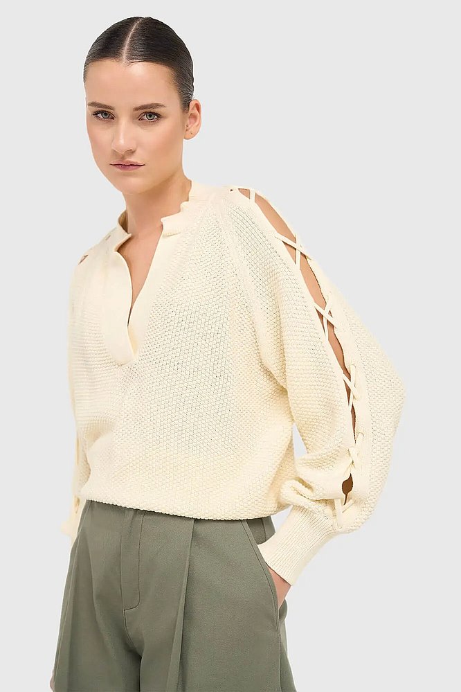 Katoenen Dames Trui Veters Mouwen Open Schouders Grove off White Janice 04