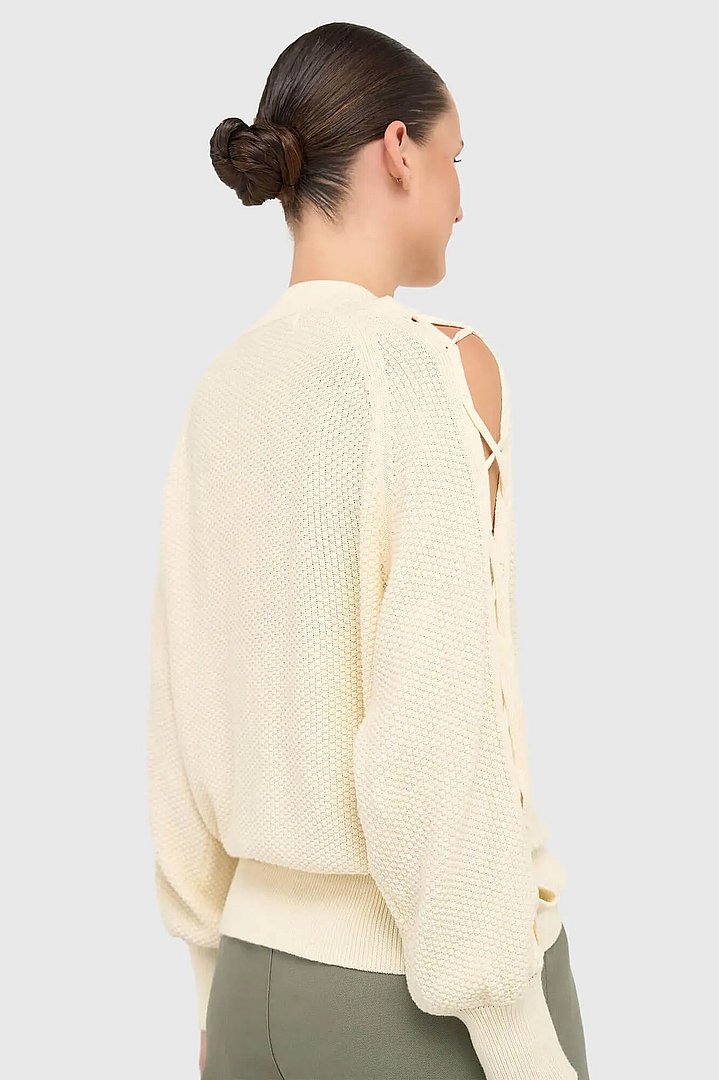 Katoenen Dames Trui Veters Mouwen Open Schouders Grove off White Janice 05