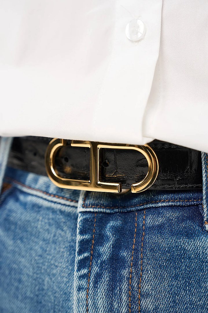 Leren Dames Riem Reversible Zwart Croco Goud Trophy Buckle Janice 05
