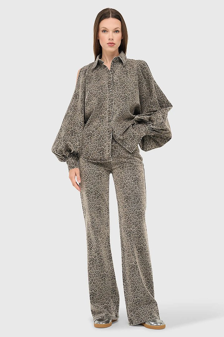 Panterprint Denim Blouse Dames Wijde Mouw Stone Janice 05