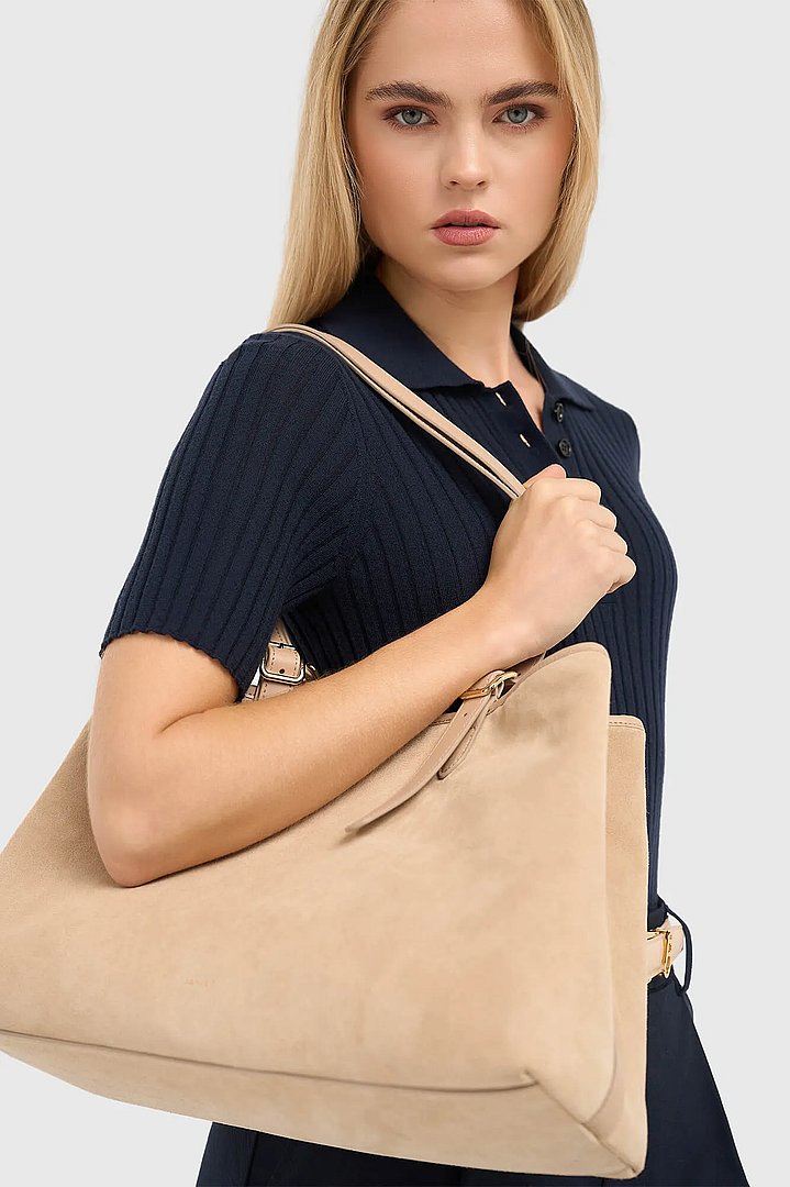 Suede Leren Dames Handtas Shopper Harper Beige Janice 04