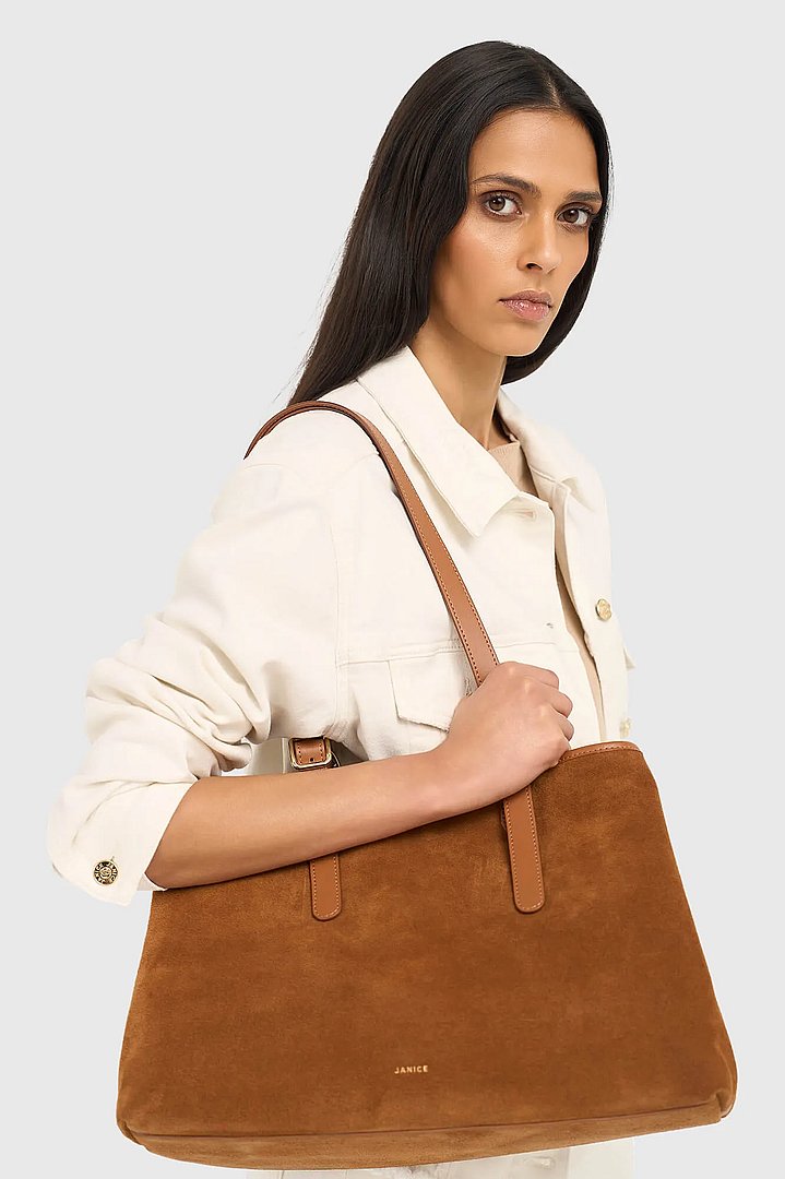 Suede Leren Dames Handtas Shopper Harper Camel Janice 04